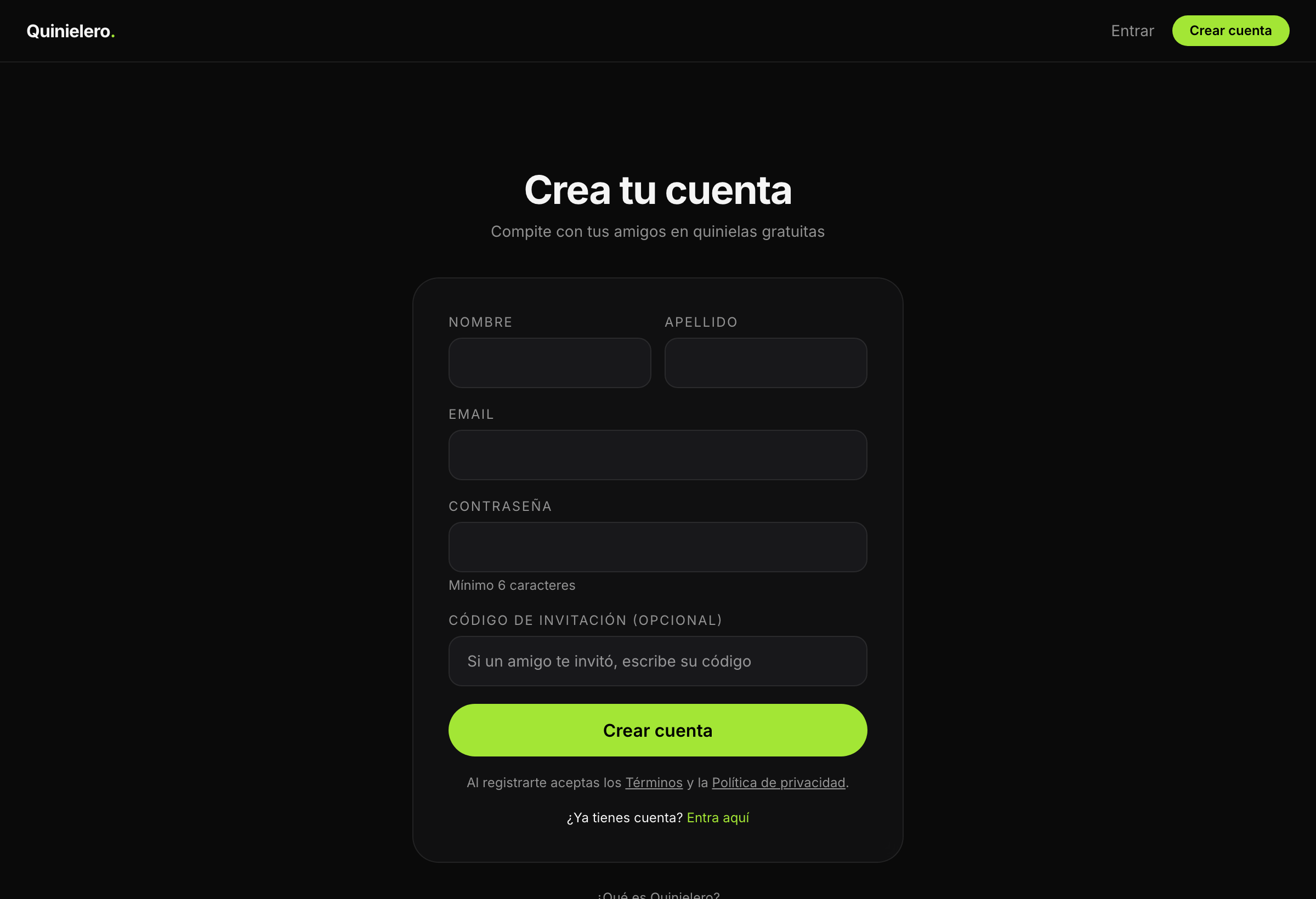 Pantalla de crear cuenta en Quinielero