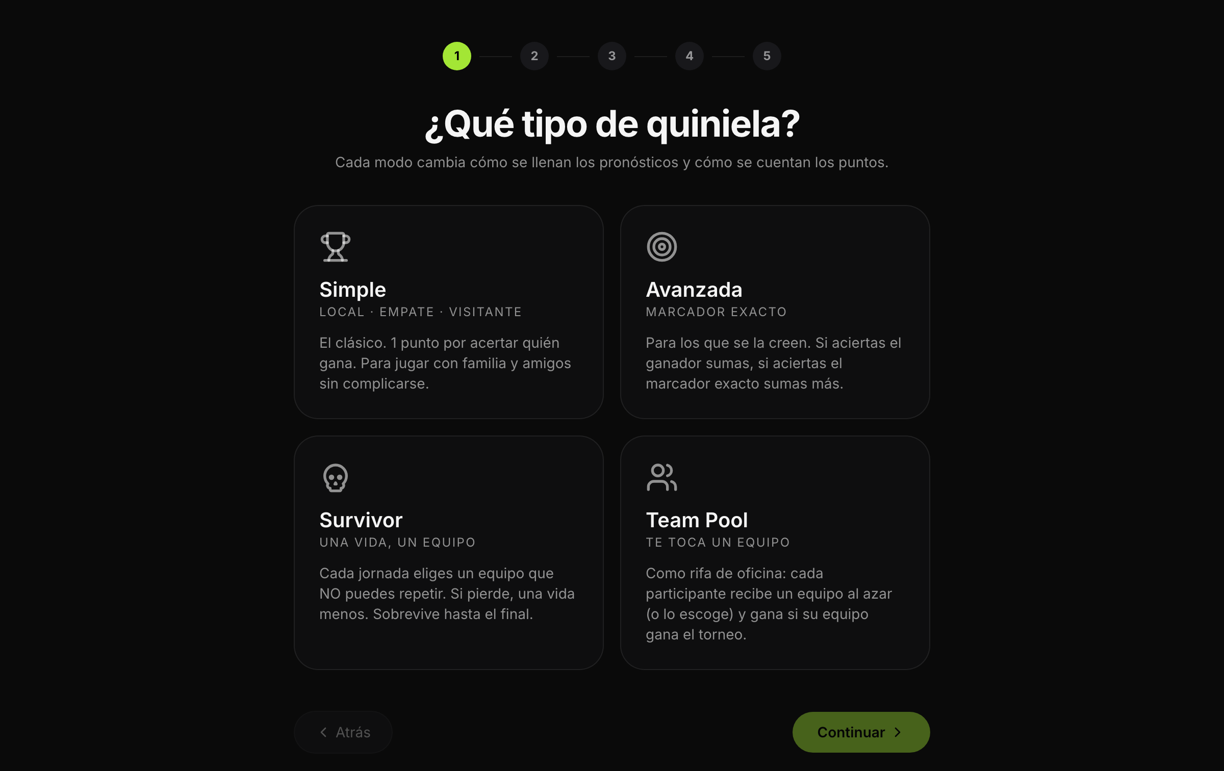 Asistente para crear una quiniela: elegir el tipo