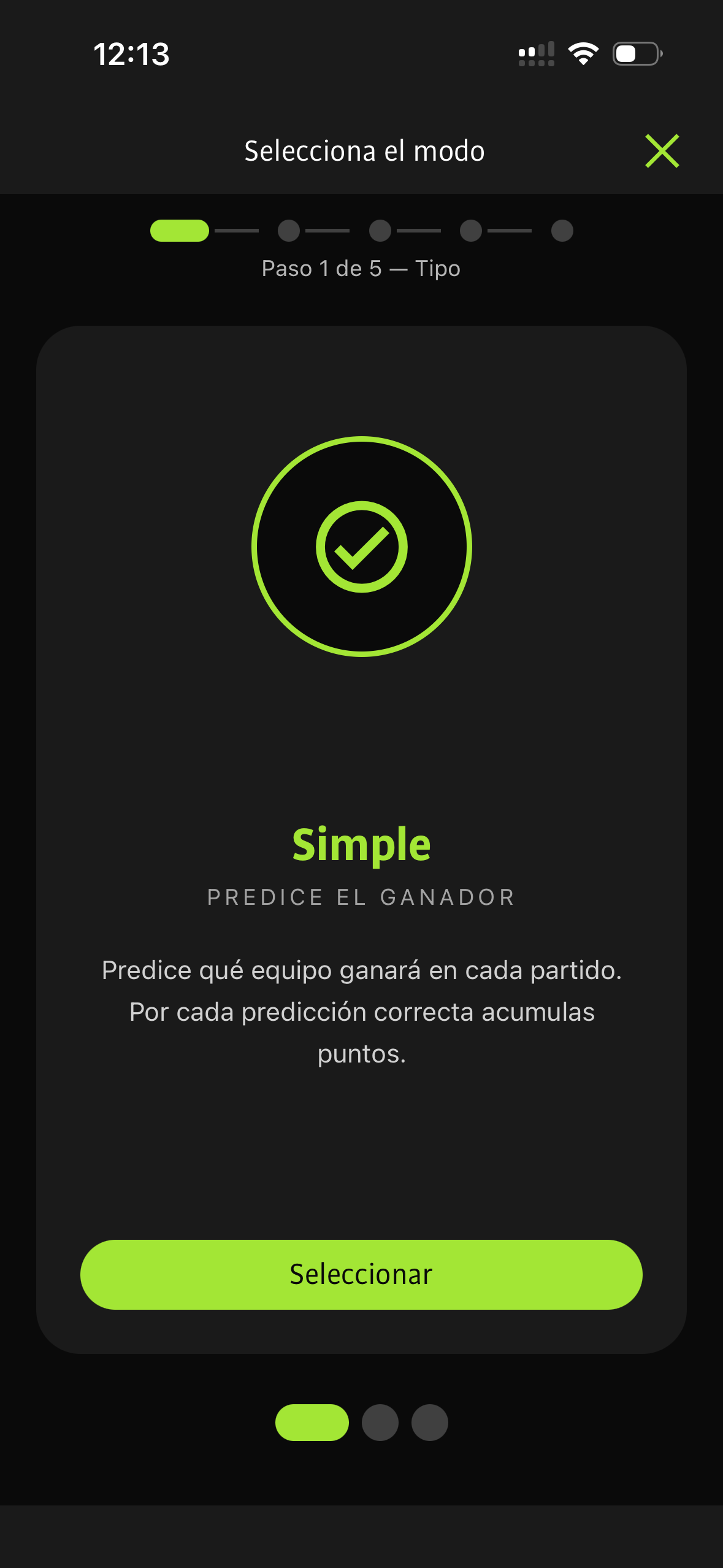 Pantalla de selección de modalidad en la app Quinielero