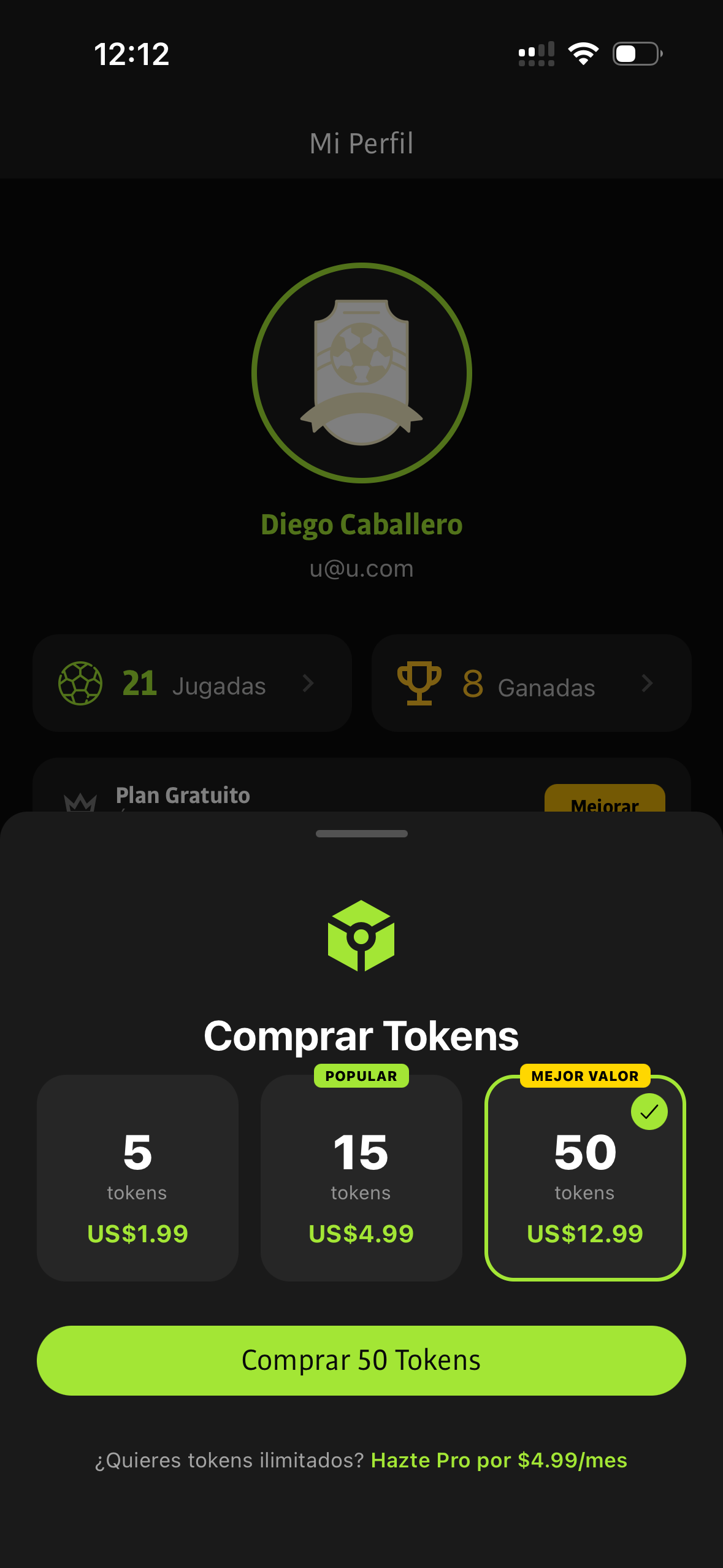 Pantalla de compra de tokens en Quinielero